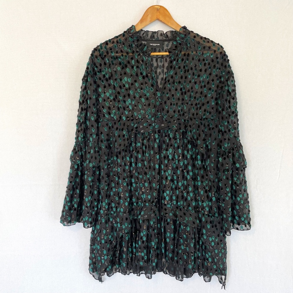 THE KOOPLES Paris Sz M Baby Doll Party Mini Dress Ruffles Black & Emerald Green